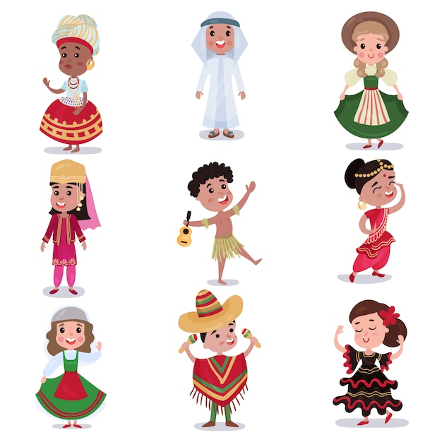 Kids in traditional clothes of different countries set, cute boys and girls in national costumes colorful   Illustrations