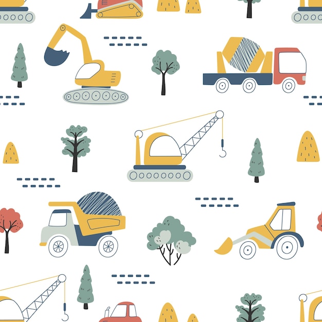 Kids truck seamless pattern Doodle trucks construction vehicles with crane Children apparel print template with car Scandinavian nowaday vector background