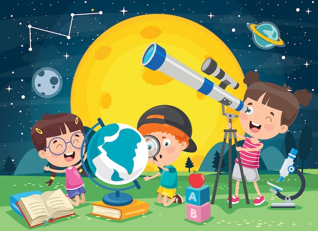 Kids using telescope for astronomical research