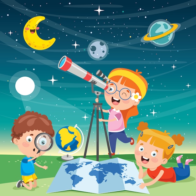 Kids using telescope for astronomical research