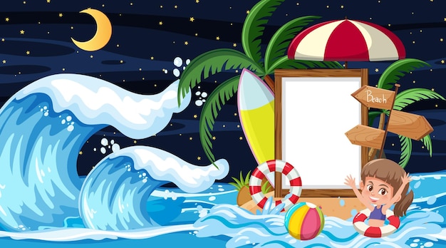 Kids on vacation at the beach night scene with an empty banner template