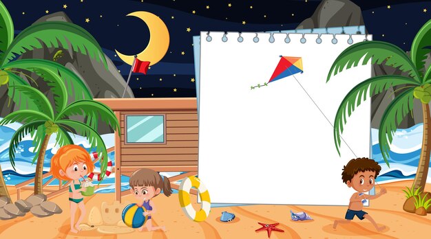 Kids on vacation at the beach night scene with an empty banner template