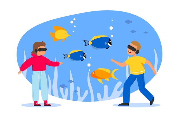 Kids in virtual reality Teenagers in digital world watching fish interactive gaming boy and girl in vr glasses entertainment and education industry vector isolated concept