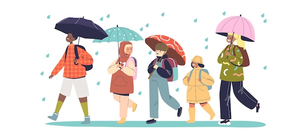 Kids walking under rain hold umbrella and wear raincoat clothes Children in rainy autumn weather