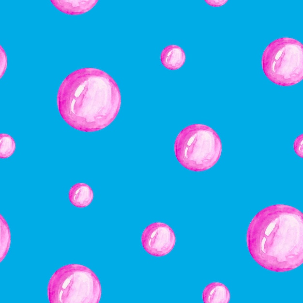 Kids watercolor seamless pattern of pink soap bubbles on blue background