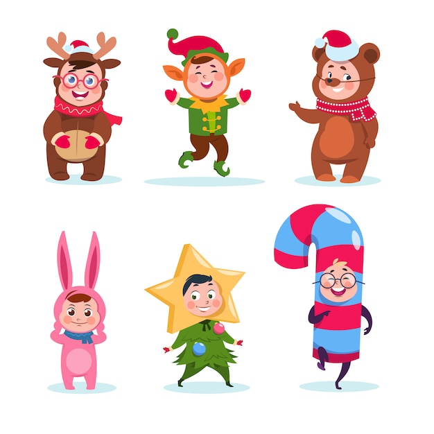 Kids wearing christmas costumes. Cartoon happy children greeting christmas. Winter holiday characters