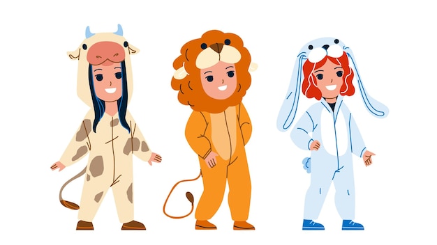 Kids Wearing Funny Animal Pajamas Together Vector