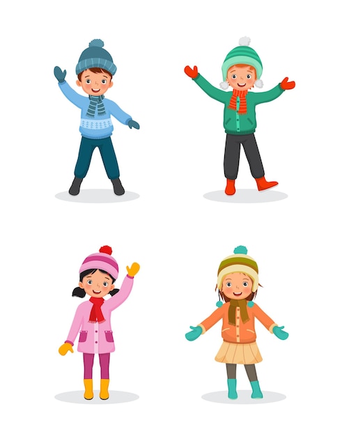 Kids wearing winter clothes waving hands