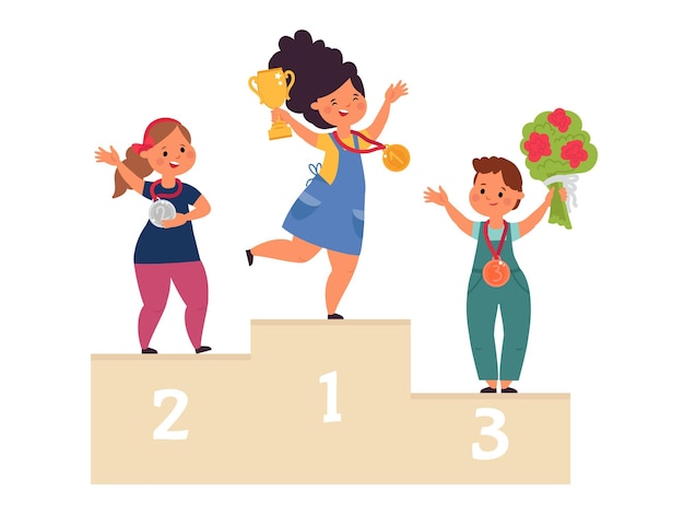 Kids winners Child win competition winner on podium with medals Cartoon children victory champion girl with prize decent vector concept