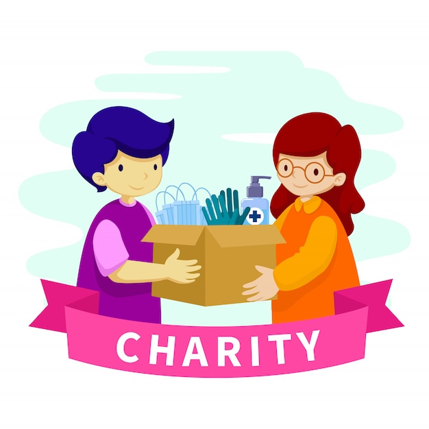 Kids with box charity donation flat design illustration