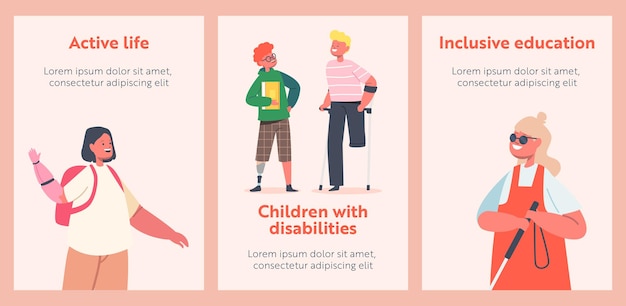 Kids with Disability Active Life and Inclusive Education Cartoon Posters. Disabled Children Characters on Wheelchair, Bionic Hand, Leg Prosthesis, Crutches, Blind Girl with Stick. Vector Illustration