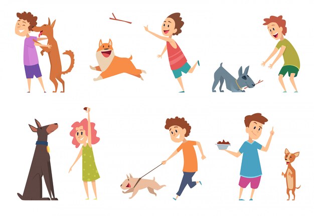 Vector kids with dogs. happy children playing hugging their funny pets cartoon puppy dog domestic animals