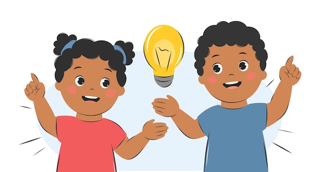 Kids with an idea with lightbulb Cartoon characters girl and boy for children design