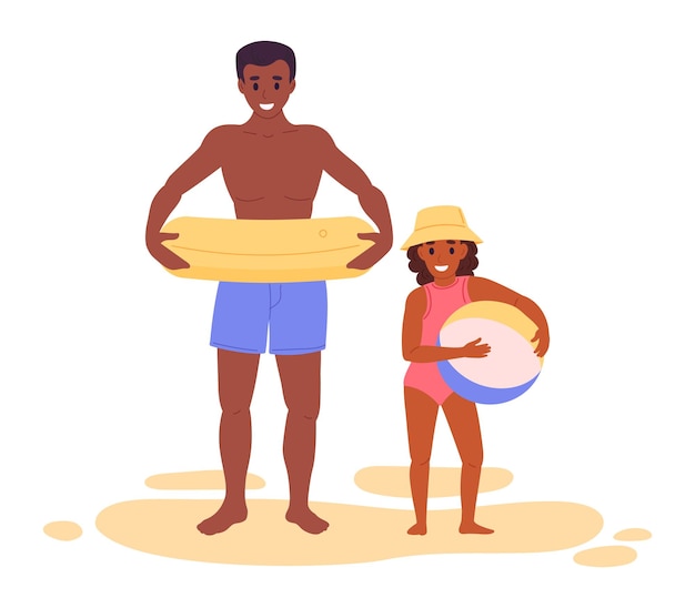 Kids with inflatable toys Teenage boy and little girl playing on beach brother and sister carrying rubber ring and ball flat vector illustration Cartoon children on sandy beach