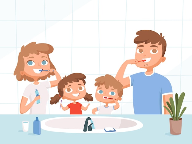 Kids with parents washing. Teeth brush sink toilet daily routine dental hygiene  cartoon family.