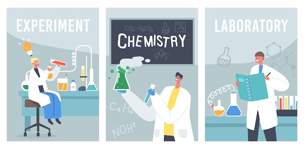 Kids Working and Experimenting Chemistry Laboratory Banners. Children Characters Study in Classroom with Test Tubes, Beakers and Science Tools, Chemist Students. Cartoon People Vector Illustration