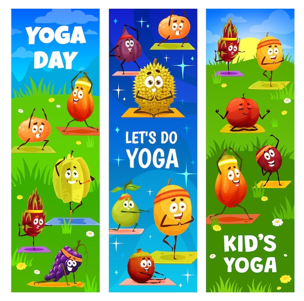 Kids yoga and fitness banners with cartoon fruits