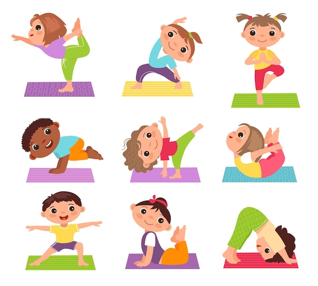 Kids yoga Little children in stretching poses sport and health fitness and meditation cute girls and boys in different poses young athletes healthy lifestyle vector cartoon flat isolated set