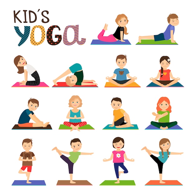 Kids yoga vector icons set