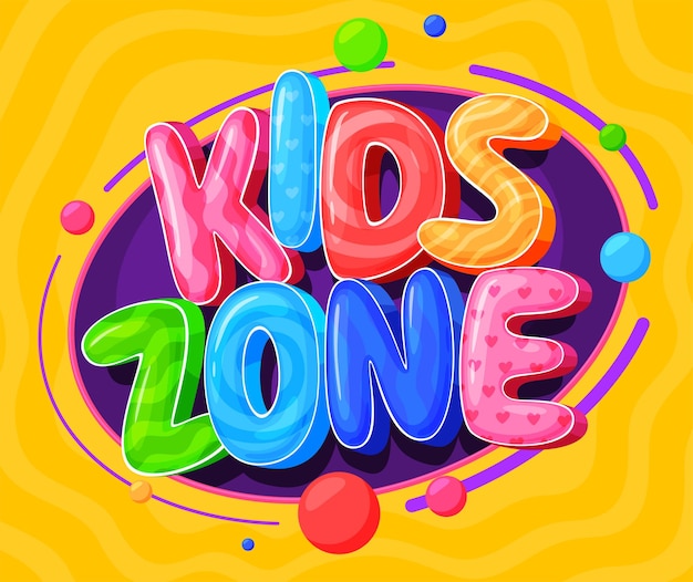 Kids zone banner Colorful fun font Bright children inscriptions Convex shiny letters Vector