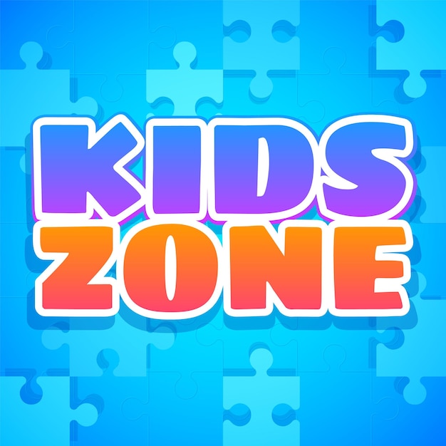 Kids zone. Colorful playing park, playroom or game area logo. Playground for children purple and orange emblem or sticker with blue text and puzzles. Vector bright background