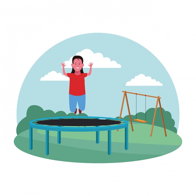 Kids zone, funny girl jumping on trampoline playground