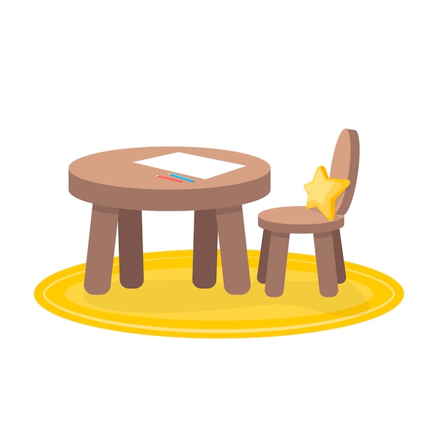 Kids zone, little table and chair for painting, children's creativity. Isolated illustration on a white background.