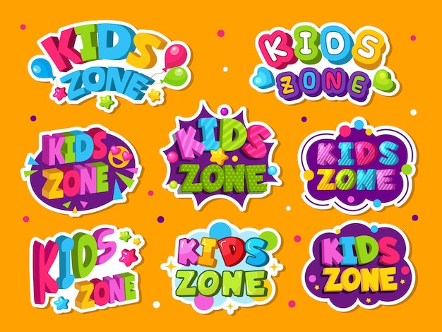 Kids zone logo. Colored emblem for game children room playing zone decor style labels. Illustration playroom and game label, kidzone colorful