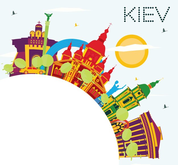 Kiev Skyline with Color Buildings, Blue Sky and Copy Space. Vector Illustration. Business Travel and Tourism Concept with Historic Architecture. Image for Presentation Banner Placard and Web Site.