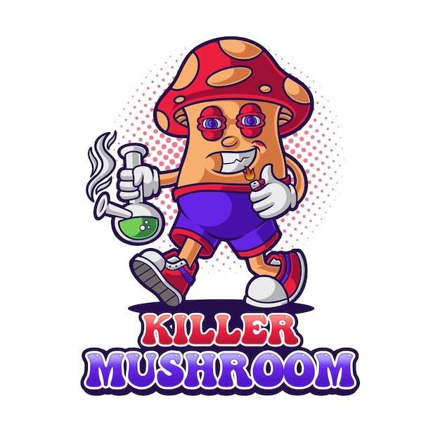 Killer Mushroom Smoking Bong Cartoon Mascot Logo