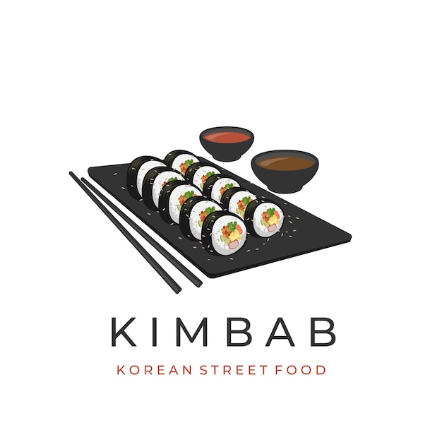 Kimbap Vector Illustration Logo Served on a Plate with Chopsticks