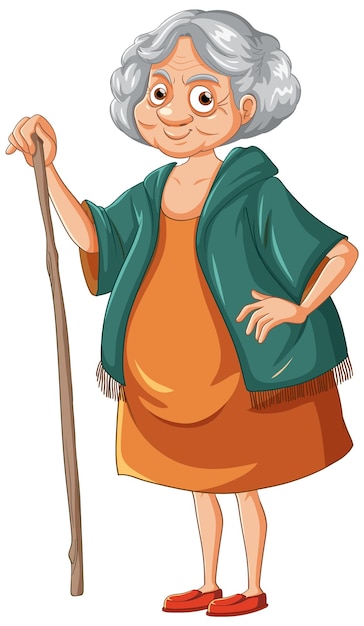 Kind old woman cartoon character with woody stick