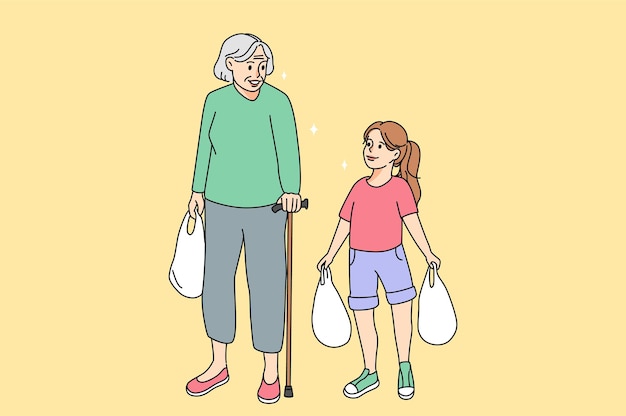 Kind small girl help old grandmother carrying bags