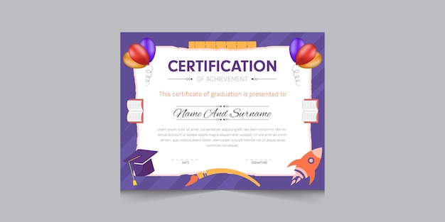 Kindergarten certificate template for kids fun colorful and illustration with diploma certificate