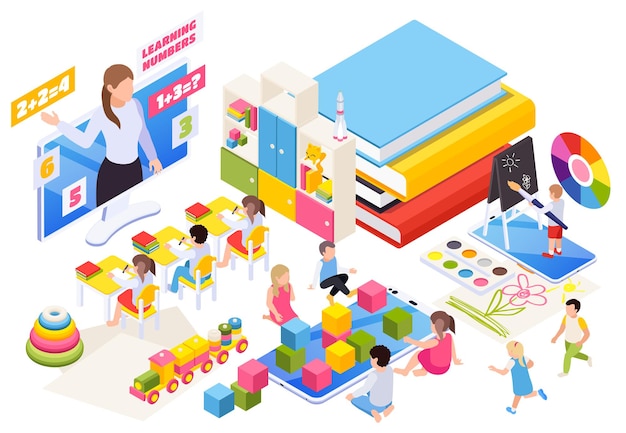 Kindergarten children learning online isometric illustration