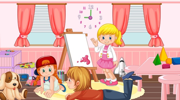 Vector kindergarten classroom scene with children