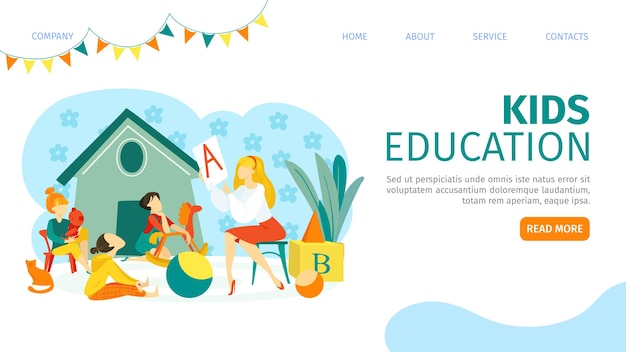 Kindergarten kids education with woman teacher, landing page