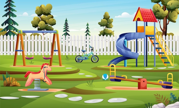 Kindergarten playground with slide, swing, bicycle and seesaw cartoon illustration