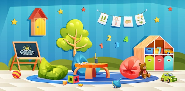 Kindergarten playroom interior. Nursery room with toys, stationery and furniture vector cartoon