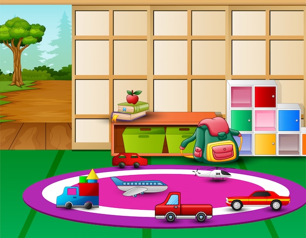 Kindergarten playroom interior with toys and open door