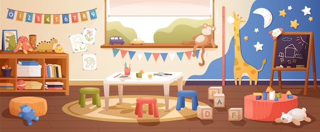 Vector kindergarten room interior flat vector illustration. cozy playroom with cute children paintings on wall, furniture and toys. nursery school environment for teaching kids and playing games.