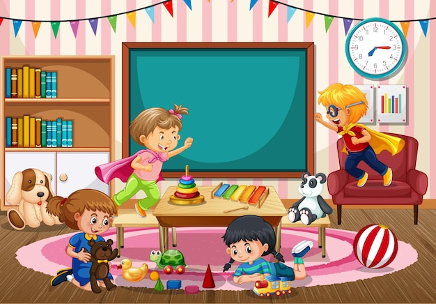 Kindergarten school scene with children playing toys in the room