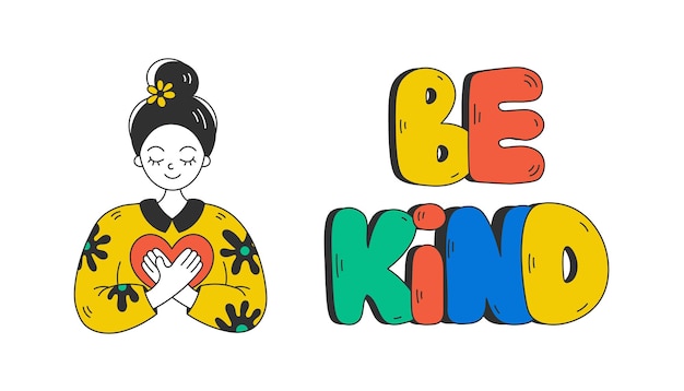 Vector kindness lettering and girl with heart vector illustration