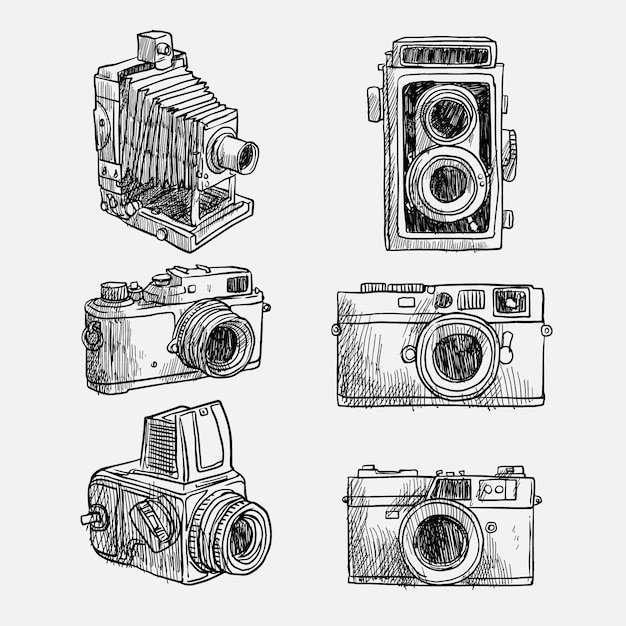 Kinds of hand drawn vintage cameras