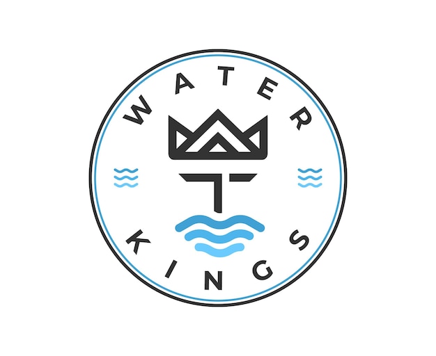 King Crown with Face Beard and Mustache Ocean Sea Wave logo design