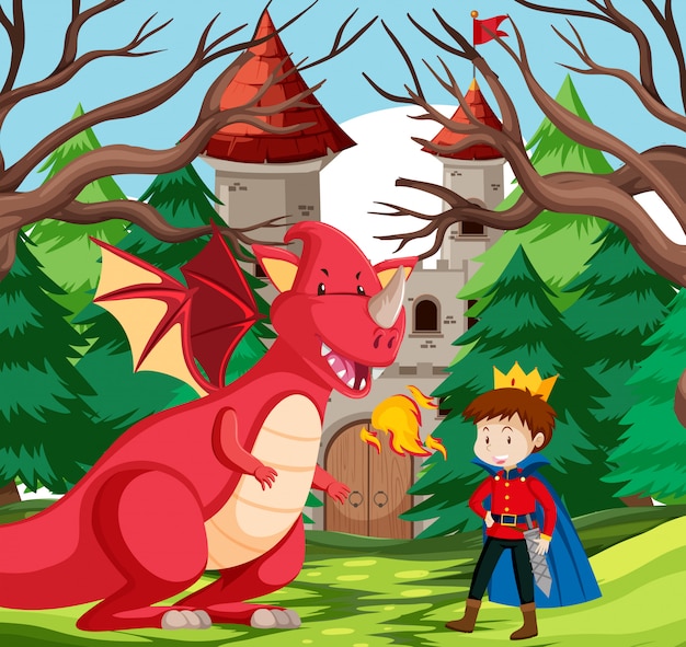 A king and dragon at castle