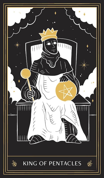 King of Pentacles Tarot Card in Minor Arcana with Black Gold and White Hand Drawn Vector Doodle