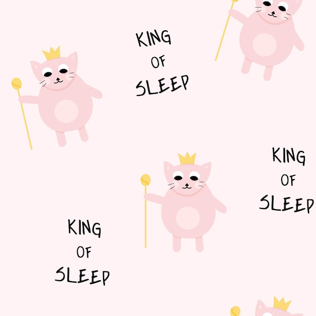 King of sleep pink cat with crown illustration for kids print