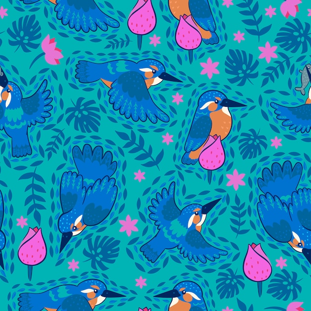 Kingfisher seamless pattern on a green background.  graphics.