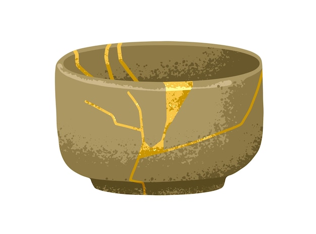 Kintsugi, ceramic pot reborn with gold lines. Chinese Asian pottery, broken dish, repaired in China, Japan golden mosaic technique, style. Flat vector illustration isolated on white background.